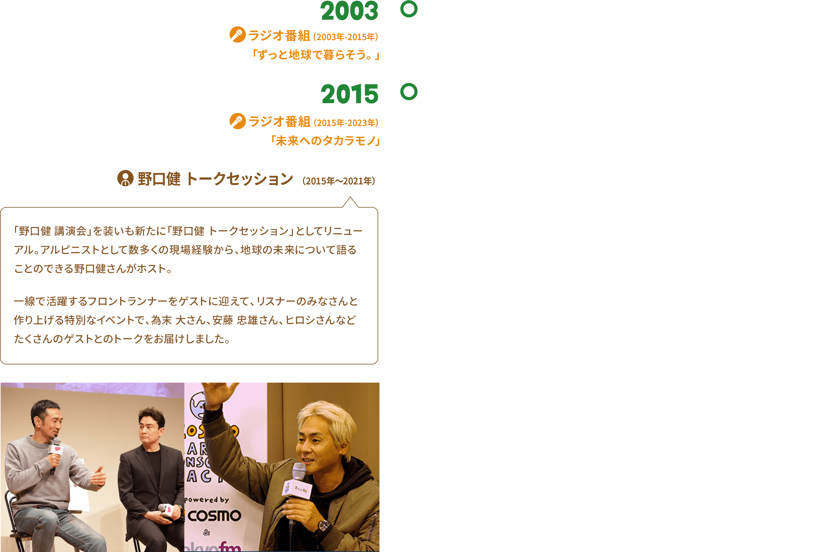 2003 ラジオ番組（2003年-2015年）「ずっと地球で暮らそう。」 2015 ラジオ番組（2015年-2023年） 「未来へのタカラモノ」 野口健 トークセッション （2015年〜2021年） 「野口健 講演会」を装いも新たに「野口健 トークセッション」としてリニューアル。アルピニストとして数多くの現場経験から、地球の未来について語ることのできる野口健さんがホスト。一線で活躍するフロントランナーをゲストに迎えて、リスナーのみなさんと作り上げる特別なイベントで、為末 大さん、安藤 忠雄さん、ヒロシさんなどたくさんのゲストとのトークをお届けしました。