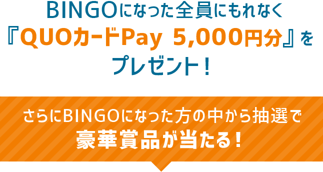 BINGOになった全員にもれなく『QUOカードPay 5,000円分』をプレゼント！