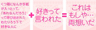 (　くつ箱になんか手紙が入っとって、「あれなんだろう」って呼び出されたわたりろう下で好きな人に　) ＋ (　好きって言われた　) ＝ (　これはもしや両想いだ　)