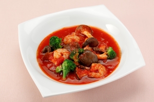 霜降りひらたけとえびのトマト煮